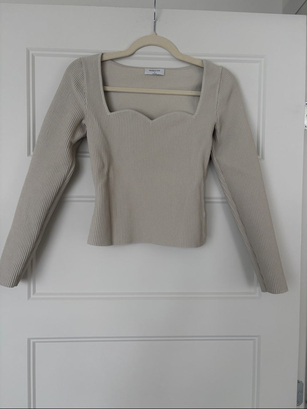 Babaton Ribbed Long-Sleeve Square-Neck Top in Light Taupe